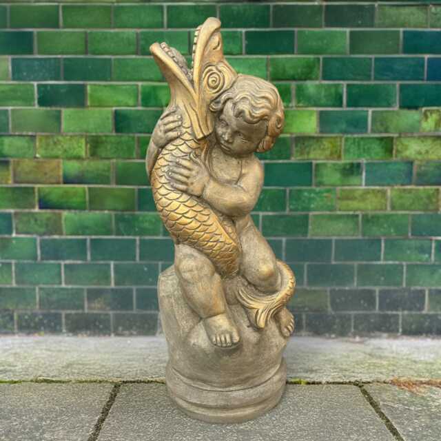 Concrete Boy With Fish Statue Stone Garden Figurine Cement Outdoor Sculpture Yard Ornament Fishing Decor Gift For Fisherman Him - image 1