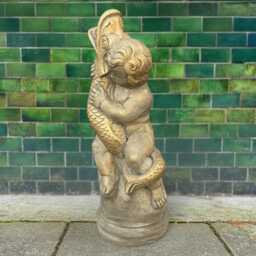 Concrete Boy With Fish Statue Stone Garden Figurine Cement Outdoor Sculpture Yard Ornament Fishing Decor Gift For Fisherman Him - thumbnail 2