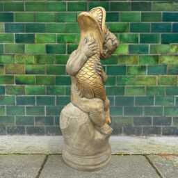 Concrete Boy With Fish Statue Stone Garden Figurine Cement Outdoor Sculpture Yard Ornament Fishing Decor Gift For Fisherman Him - thumbnail 3