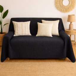 Black Recycled Cotton Blanket 130x220cm - Sofa Throw, Pet Friendly Bedspread, Durable Portuguese Textile - thumbnail 2