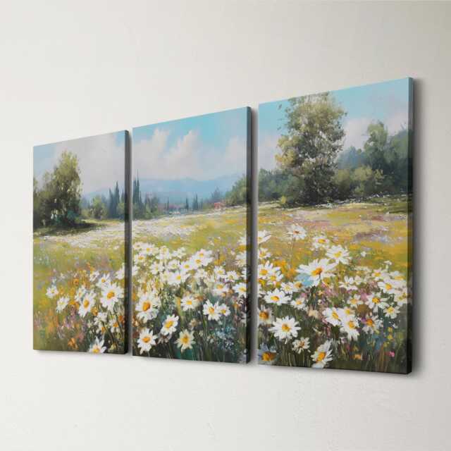 Field Of Flowers Oil Painting Wall Art, 3 Panel Split Canvas Art Forest Landscape Canvas, Nature Floral Artwork For Rustic Home Decor - image 1