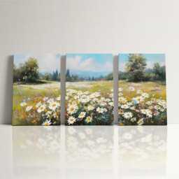 Field Of Flowers Oil Painting Wall Art, 3 Panel Split Canvas Art Forest Landscape Canvas, Nature Floral Artwork For Rustic Home Decor - thumbnail 3
