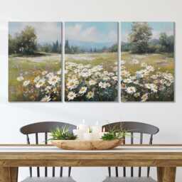Field Of Flowers Oil Painting Wall Art, 3 Panel Split Canvas Art Forest Landscape Canvas, Nature Floral Artwork For Rustic Home Decor - thumbnail 2
