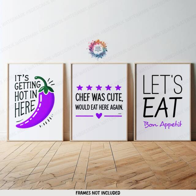 Purple Kitchen Posters - Set Of 3 Prints - Let's Eat, Chef Was Cute, Chilli Quotes Dining Room Decor Home Wall Art Gallery - image 1