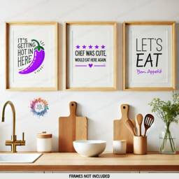 Purple Kitchen Posters - Set Of 3 Prints - Let's Eat, Chef Was Cute, Chilli Quotes Dining Room Decor Home Wall Art Gallery - thumbnail 2