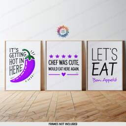 Purple Kitchen Posters - Set Of 3 Prints - Let's Eat, Chef Was Cute, Chilli Quotes Dining Room Decor Home Wall Art Gallery - thumbnail 1