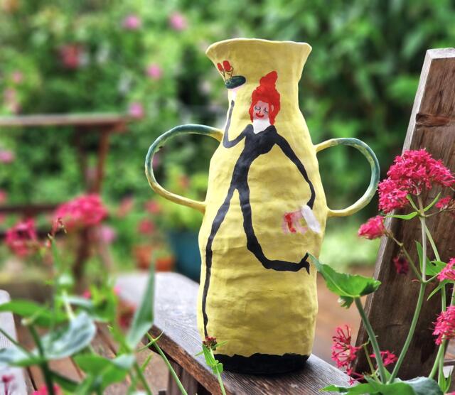 Handmade Ceramic Sculptural Vase Tall Yellow Floral Clay Art - image 1