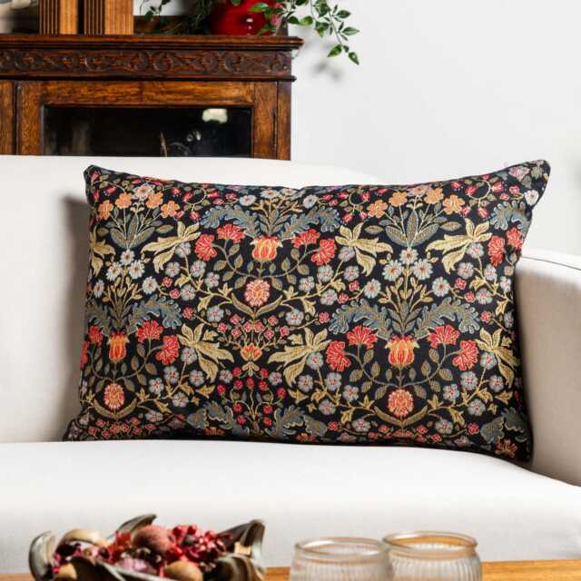 Morris Style Leaves & Berries Xl Rectangular Cushion in Deep Black. Signature Tapestry Fabric. 23X15 - image 1