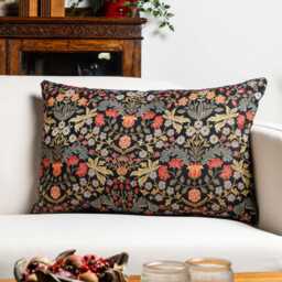 Morris Style Leaves & Berries Xl Rectangular Cushion in Deep Black. Signature Tapestry Fabric. 23X15