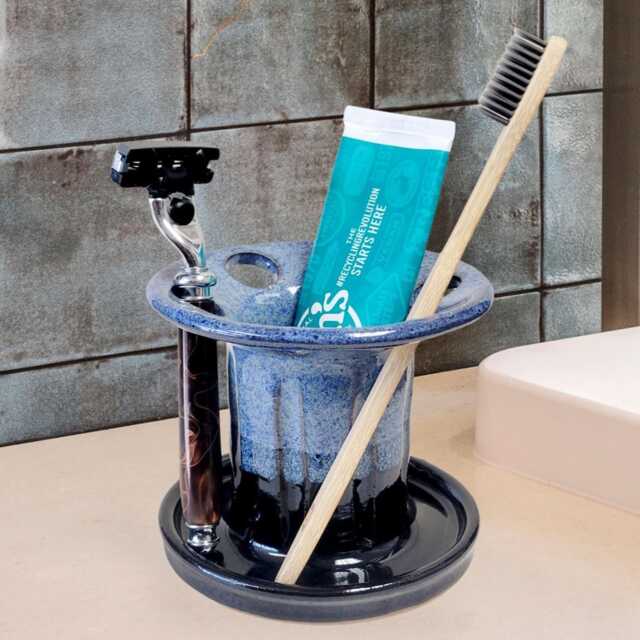 Toothbrush Safety Razor Holder With 6 Holes, Wide Slots Handmade Pottery in Black Blue - image 1