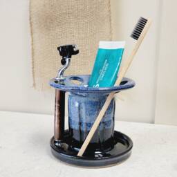Toothbrush Safety Razor Holder With 6 Holes, Wide Slots Handmade Pottery in Black Blue - thumbnail 2