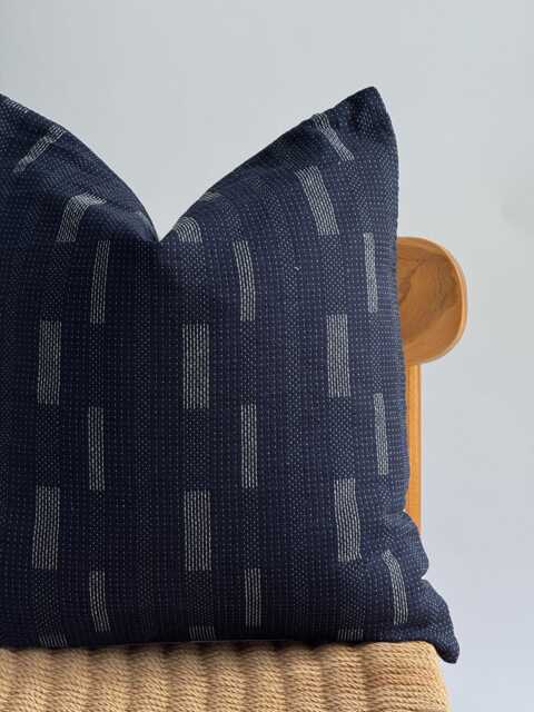 Neutral Striped Navy Blue Hand Woven Pillow Cover, Nautical Pillow, Beach Home Decor - image 1