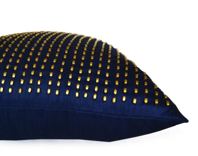 Navy Blue Silk Pillow Cover Beaded Gold Sequins, Decorative Throw Cushion - image 1