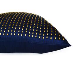 Navy Blue Silk Pillow Cover Beaded Gold Sequins, Decorative Throw Cushion - thumbnail 1