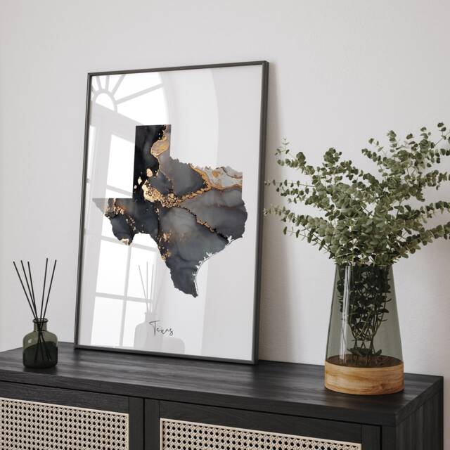 Texas Map Black & Gold Wall Art Print Us State - Usa United States Of America - image 1