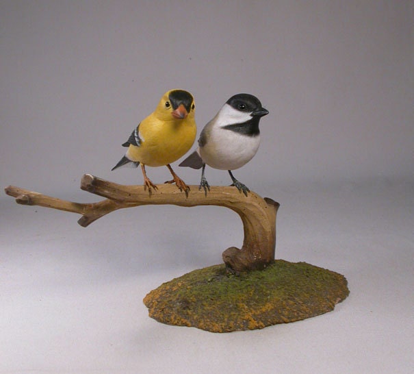 Black-Capped Chickadee With America Goldfinch Hand Carved Wooden Bird Carvings - image 1