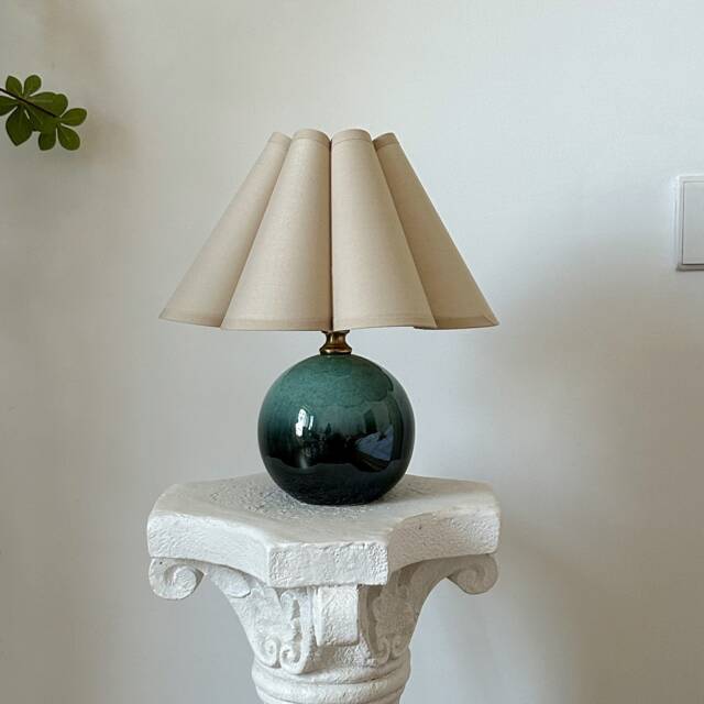 Handmade Khaki Petal Pleated Shade, Green Glaze Ceramic Table Lamp, Sturdy Base110-240V, Bedroom Living Room Kitchen Rustic Cozy Decor - image 1