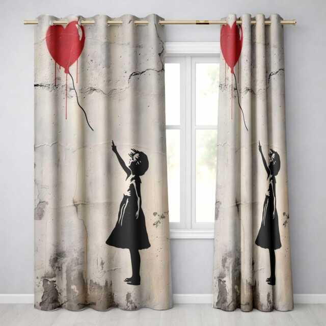 Girl Reaching For Red Heart Balloon Street Art Artistic Artwork Bedroom Decor Readymade Eyelet Ring Top Thermal 100% Blackout Curtains - image 1