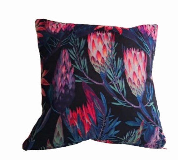 Protea Flower Print Velvet Cushion - Pink & Black - image 1