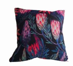 Protea Flower Print Velvet Cushion - Pink & Black