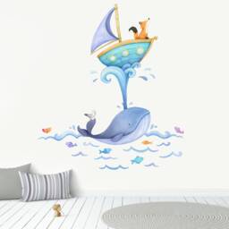 Fabric Wall Decal, Fox & Whale Boat, Toddler Watercolour Room Decor, Animal Stickers, Nursery Art - thumbnail 1