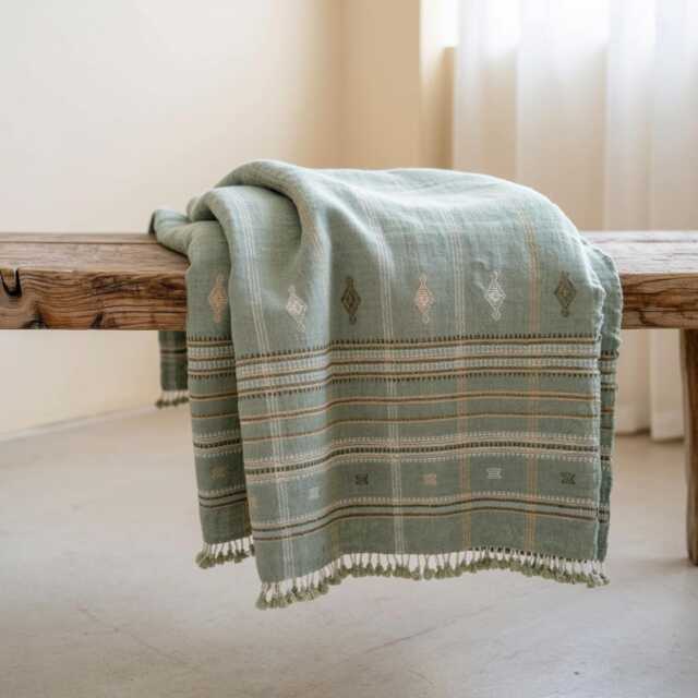 Sage Green Indian Wool Throw Blanket, Handwoven Sofa Coverlet With Japandi Bedroom Accent - Jade - image 1