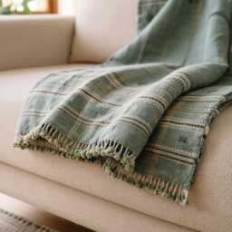 Sage Green Indian Wool Throw Blanket, Handwoven Sofa Coverlet With Japandi Bedroom Accent - Jade - thumbnail 3