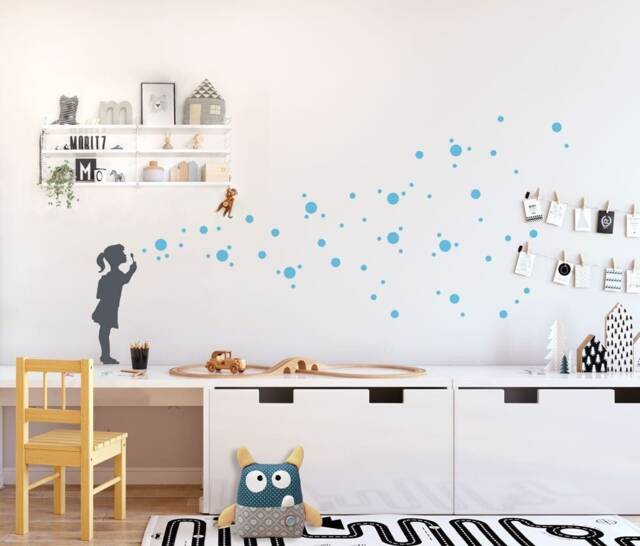 Wall Decal Soap Bubble Girl With 130 Dot Stickers, Kids Room Decals & Nursery Decor, 1 - Or 2-Coloured in 35 Colours, Banksy Style - image 1