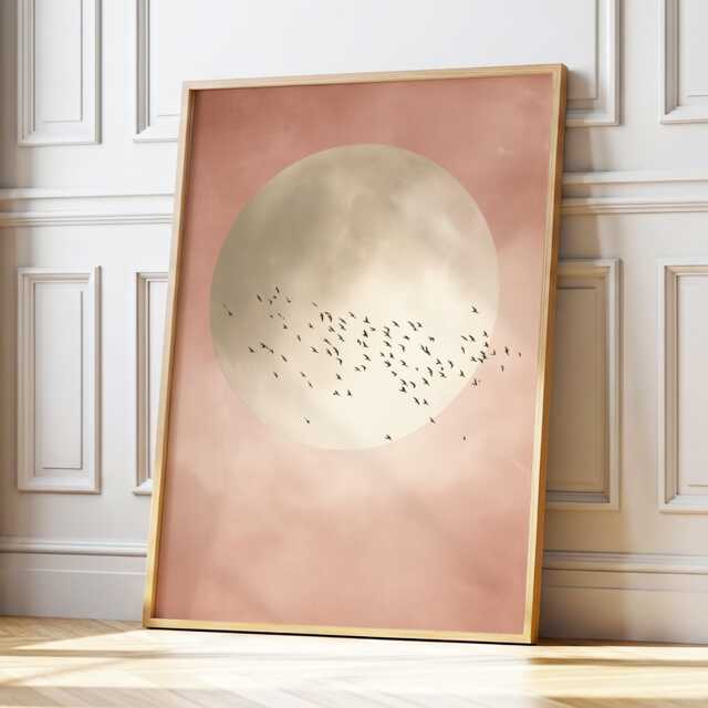 Soft Pink Moon With Birds Wall Art Minimalist Scandi Abstract Painting Large Room Decor Framed Calming Poster Print - image 1