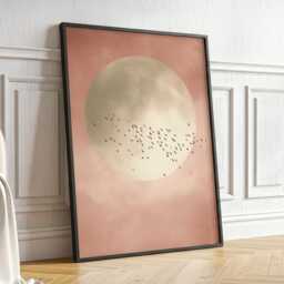 Soft Pink Moon With Birds Wall Art Minimalist Scandi Abstract Painting Large Room Decor Framed Calming Poster Print - thumbnail 2