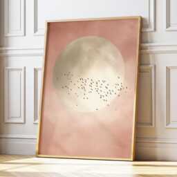 Soft Pink Moon With Birds Wall Art Minimalist Scandi Abstract Painting Large Room Decor Framed Calming Poster Print - thumbnail 1