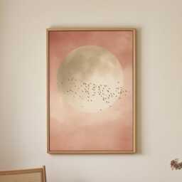 Soft Pink Moon With Birds Wall Art Minimalist Scandi Abstract Painting Large Room Decor Framed Calming Poster Print - thumbnail 3