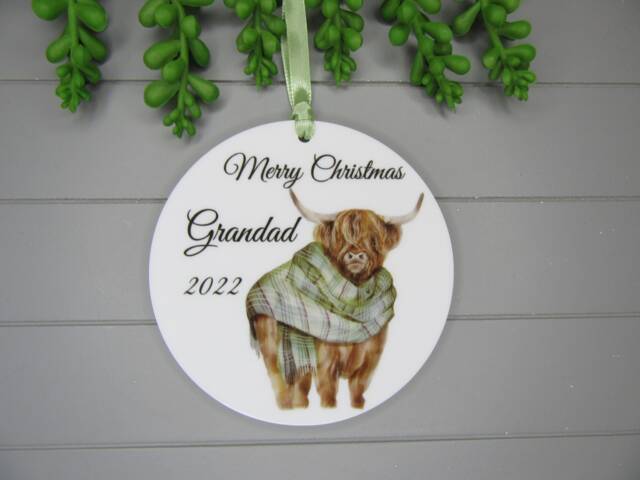 Personalised Christmas Bauble Keepsake, Highland Cow, Gift For Him. 2024 Ornament For Grandad, Dad, Uncle, Brother - image 1
