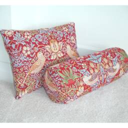 "William Morris Bolster Cover Strawberry Thief Tapestry Red Birds Cylinder Cushion Case Neckroll 16""x6" - thumbnail 4
