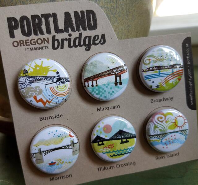 Portland Bridges Ii Magnets Or Buttons - Set Of Six, Original Illustrations - image 1