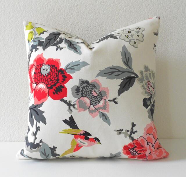 Both Sides, Multicolor Pink, Gray, Lime & White Bird Floral Decorative Pillow Cover - image 1