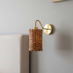 Rattan & Brass Wall Sconce, Hallway, Entryway, Bedroom Lighting - thumbnail 3