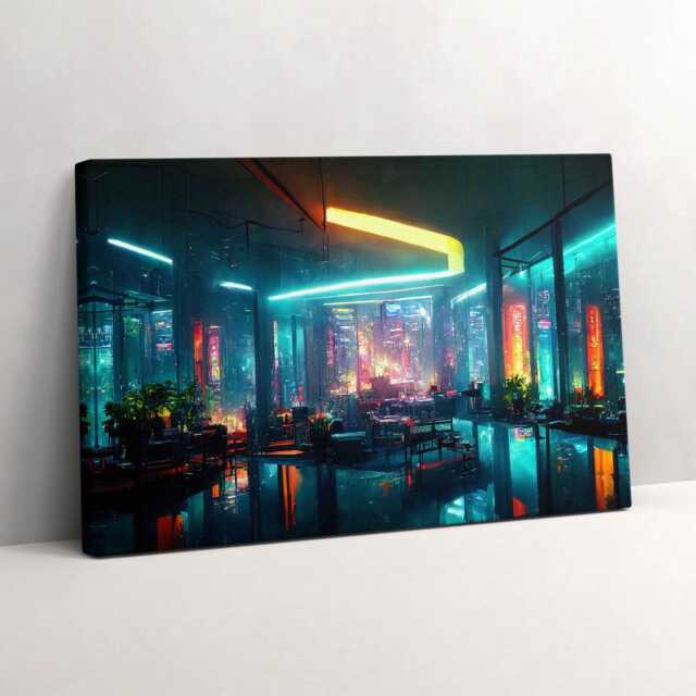 A City in Cyberpunk Style Canvas, Picture Wall Hanging, Blue Art, Fantastic Canvas Painting - image 1