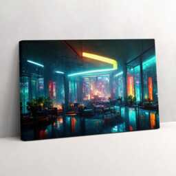 A City in Cyberpunk Style Canvas, Picture Wall Hanging, Blue Art, Fantastic Canvas Painting - thumbnail 1