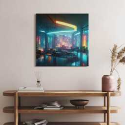 A City in Cyberpunk Style Canvas, Picture Wall Hanging, Blue Art, Fantastic Canvas Painting - thumbnail 2