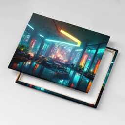 A City in Cyberpunk Style Canvas, Picture Wall Hanging, Blue Art, Fantastic Canvas Painting - thumbnail 3