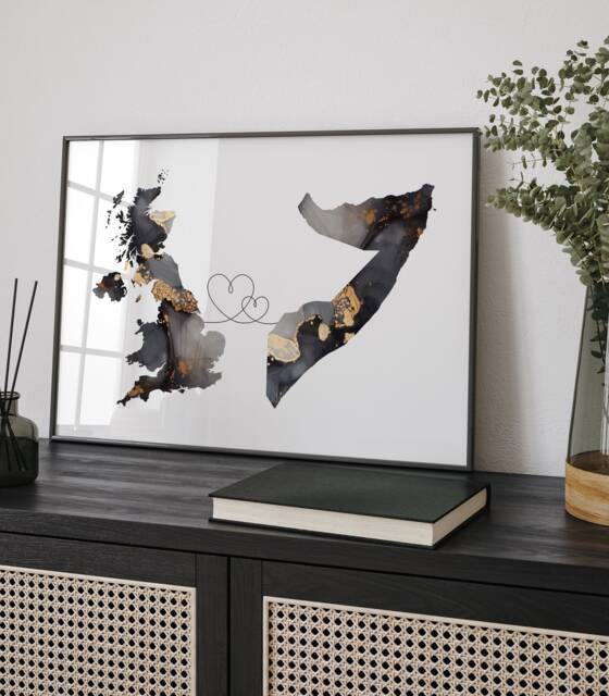 Britain & Somalia Map Black & Gold Travel Wall Art Print - United Kingdom UK - image 1