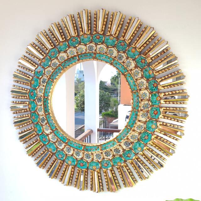 Peruvian Turquoise Sunburst Mirror 78 cm Handmade Wall Decor - Carved Wood Round Statement For Living Room Bathroom Entryway - image 1