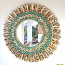 Peruvian Turquoise Sunburst Mirror 78 cm Handmade Wall Decor - Carved Wood Round Statement For Living Room Bathroom Entryway