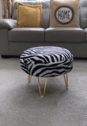 Zebra Print Footstool - Round Ottoman With Golden Metal Legs