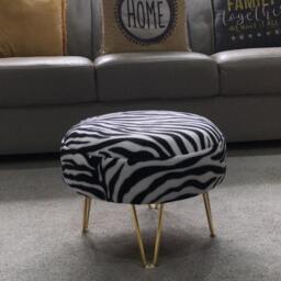 Zebra Print Footstool - Round Ottoman With Golden Metal Legs - thumbnail 3
