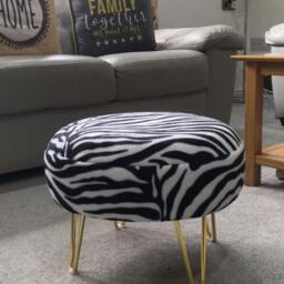 Zebra Print Footstool - Round Ottoman With Golden Metal Legs - thumbnail 2