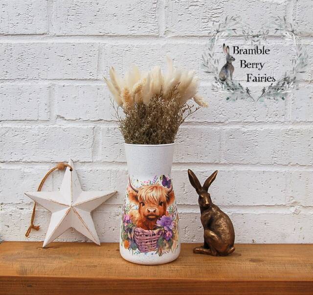 Glass Vase Decoupaged Highland Cow Country Meadow Butterfly Flowers Decorative Handmade - image 1
