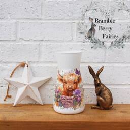 Glass Vase Decoupaged Highland Cow Country Meadow Butterfly Flowers Decorative Handmade - thumbnail 2