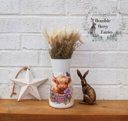 Glass Vase Decoupaged Highland Cow Country Meadow Butterfly Flowers Decorative Handmade - thumbnail 1